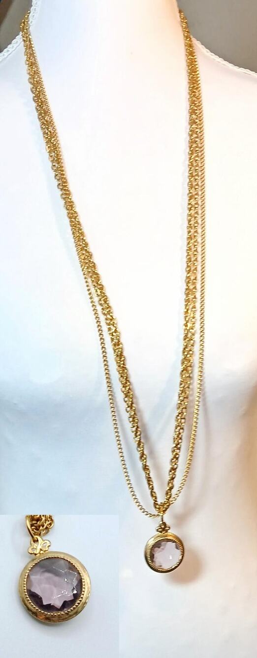 Vintage Multi-Chain Necklace with Faceted Glass Pendant